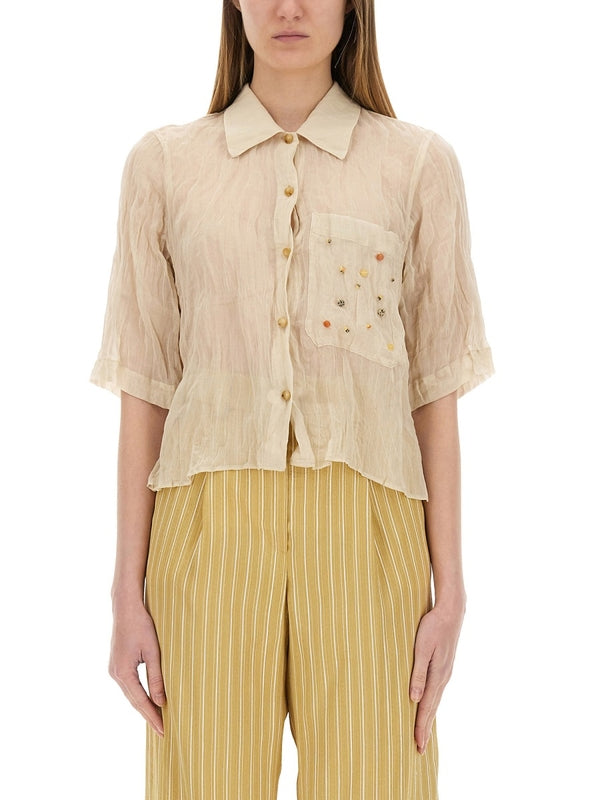 Crinkle Cotton Blend Short Sleeve Shirt