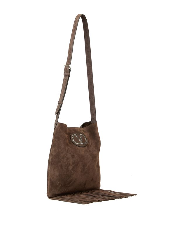 V Logo Tassel Detail Suede Shoulder Bag