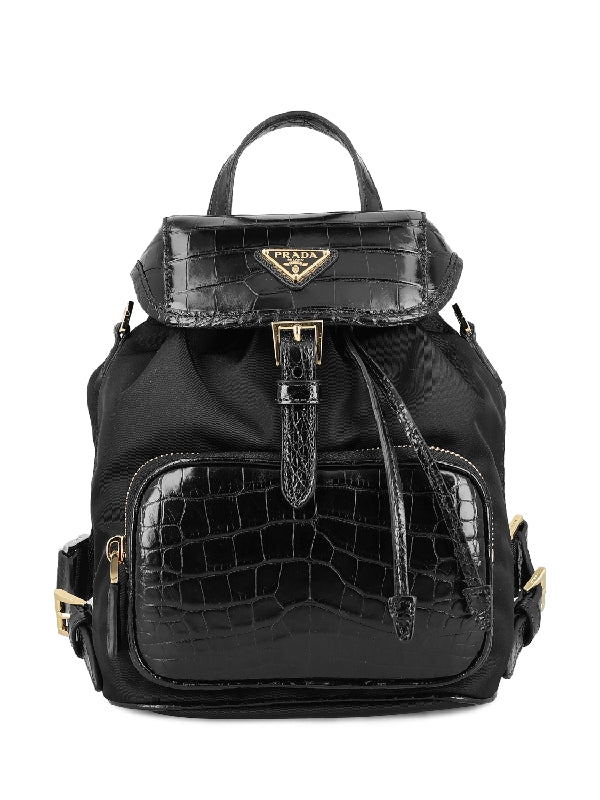 Triangle Logo Nylon Croc Leather Backpack