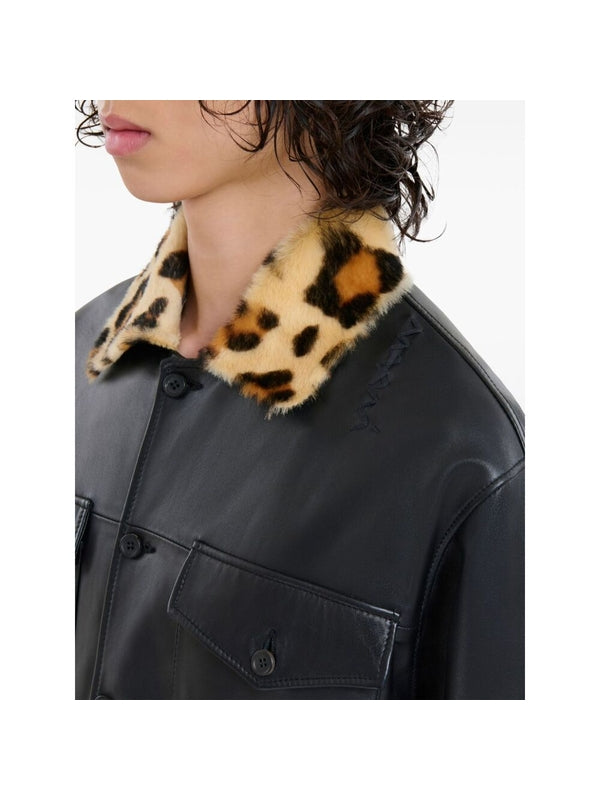 Animal Shearling Collar Leather Shirt