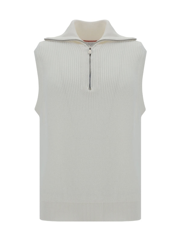 Allover Ribbed Cotton Zip-Up
  Knit Vest