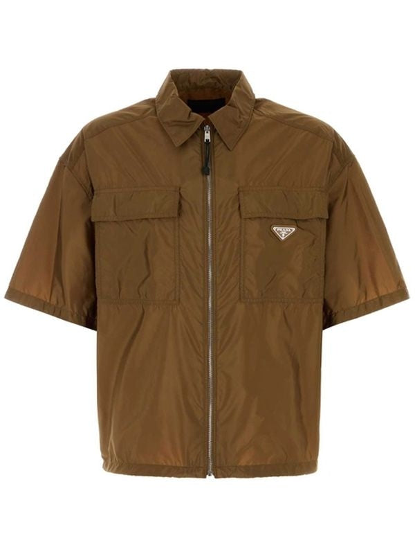 Triangular Logo Nylon Zip-up Short-sleeve Shirt
