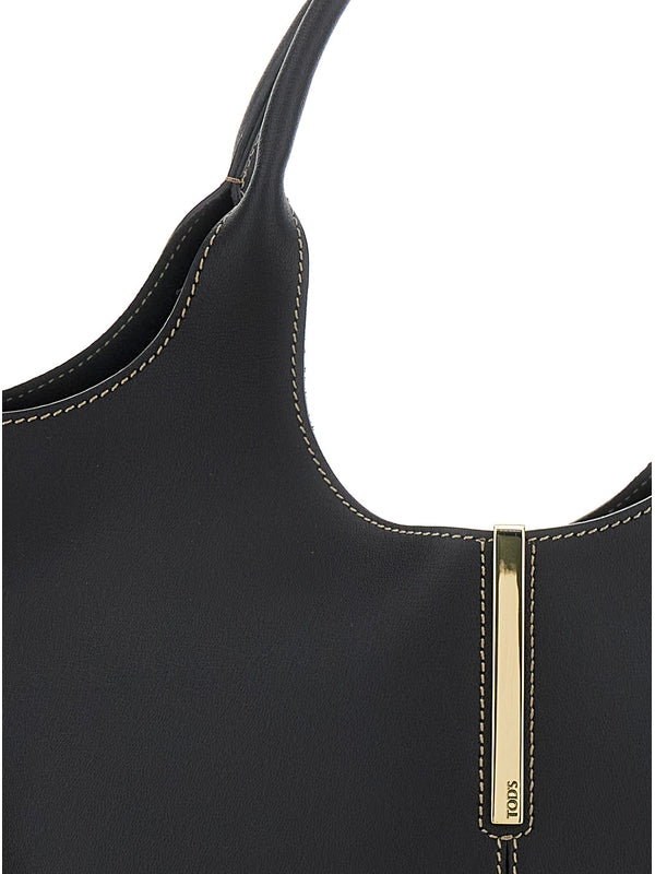 Black Shoulder Bag with Metal Bar with Logo in Leather Woman Tote Bags