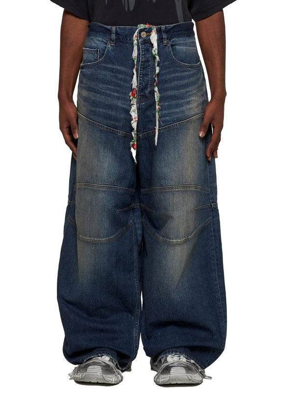 Vintage Washing Double-Knee Denim Pants