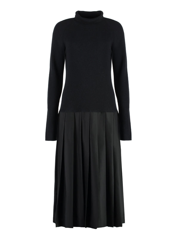 Wool Pleated Panel Midi Dress