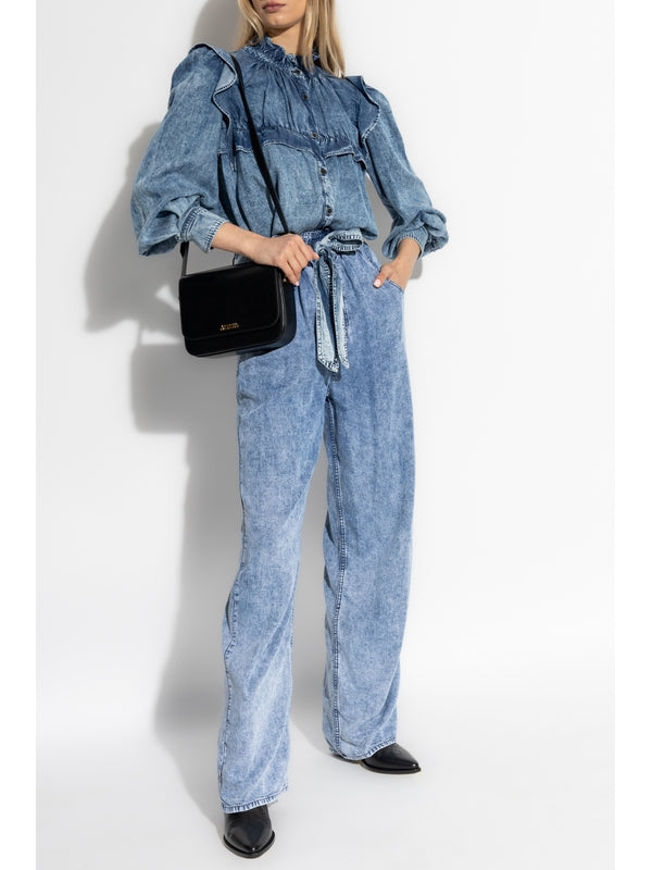 Ruffle Detail Highneck Denim Shirt