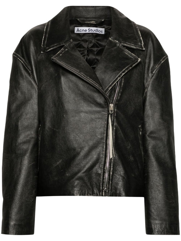 Vintage Effect Leather Biker Jacket