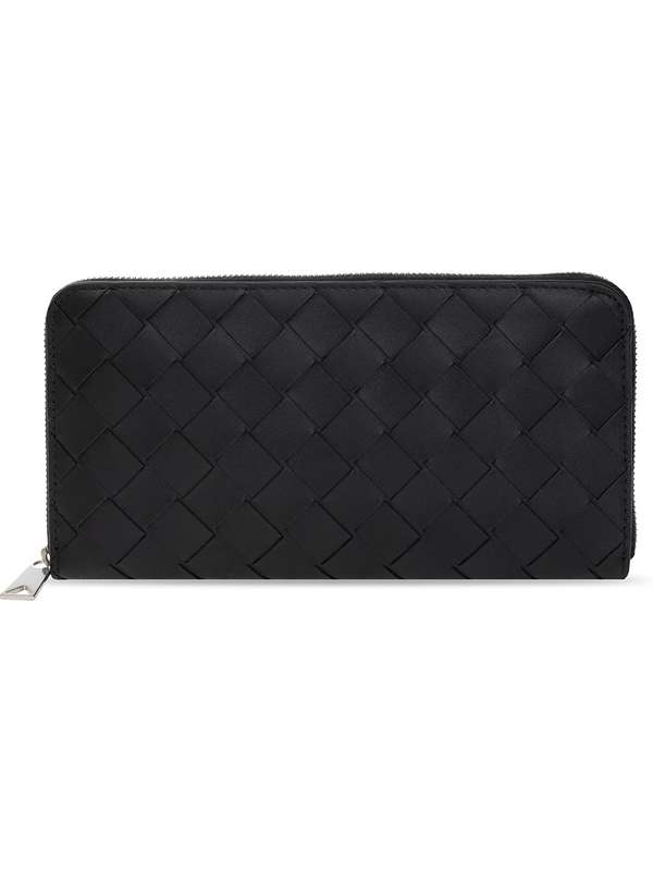 Black Leather Intrecciato Zipper Around
  Long Wallet