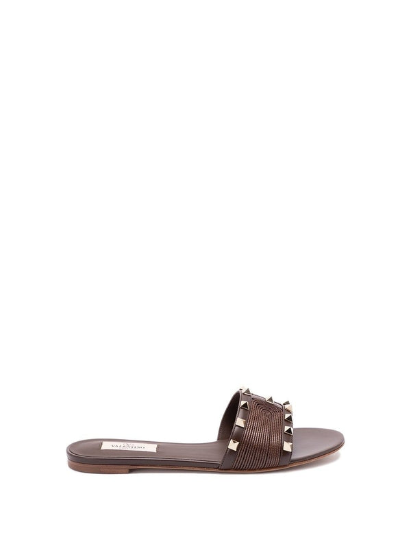 Rockstud Raffia Trim Leather Slide