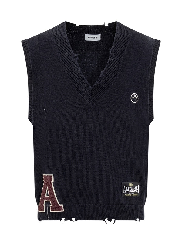 Logo Patch Distressed V-Neck Wool Knit Vest