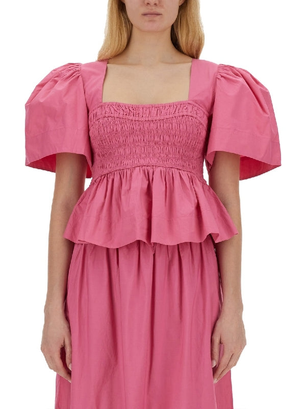 Puff Shoulder Smocked Poplin Blouse