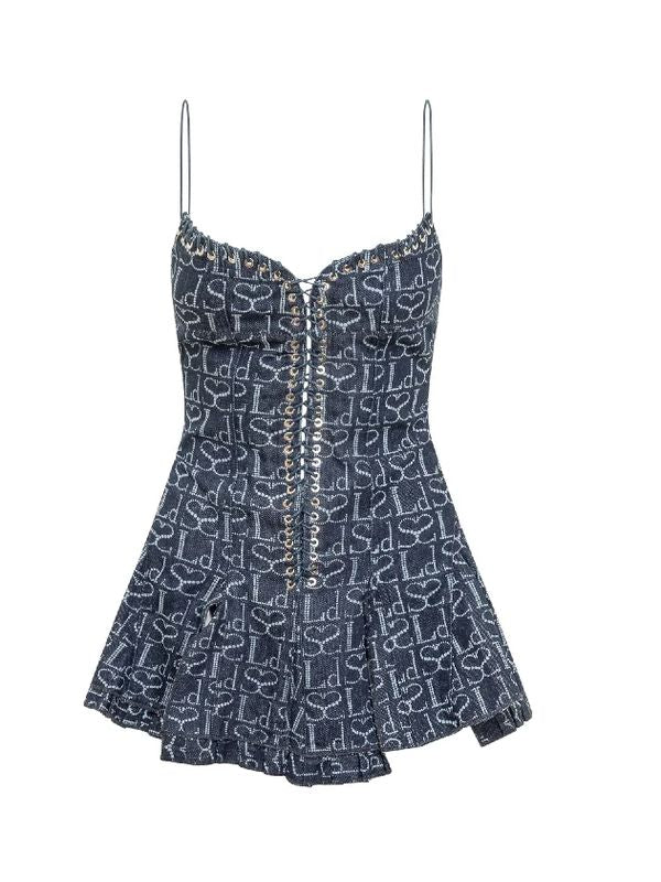 Monogram Sleeveless Lace-Up Denim Dress