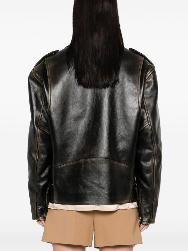 Logo Embossed Vintage Layered Biker Jacket