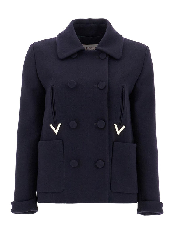 V Logo Wool Blend Double Jacket