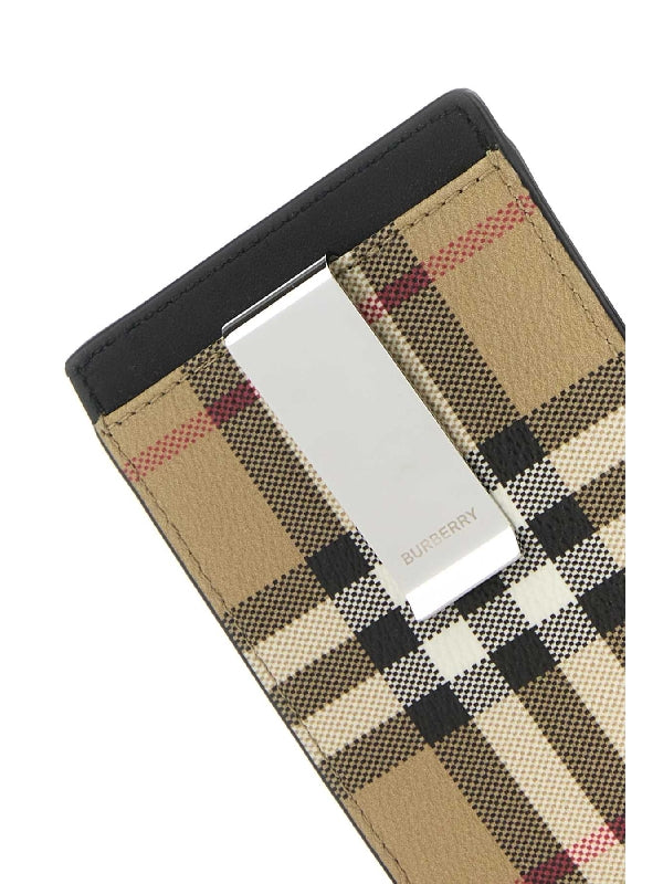Check Fabric Leather Card Wallet