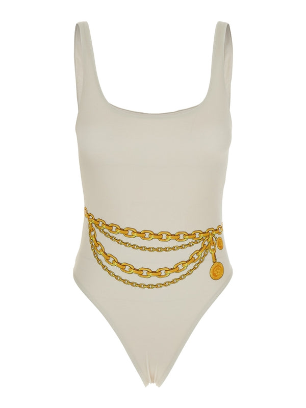 White One-Piece Swimsuit with Chain Print in Tech Fabric Woman Beachwear