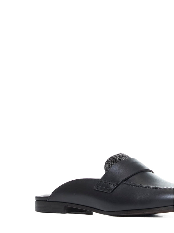 Black Leather Backless Loafers