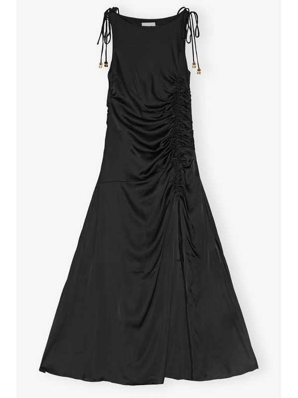Side Slit Gathering Satin Long Dress