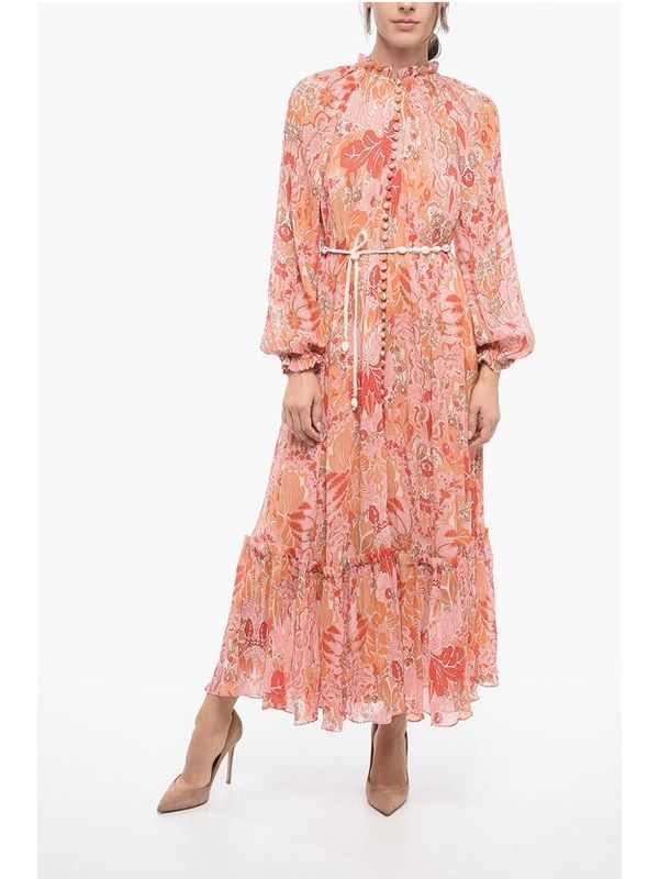 All-Over Pattern Ruffle Silk Dress