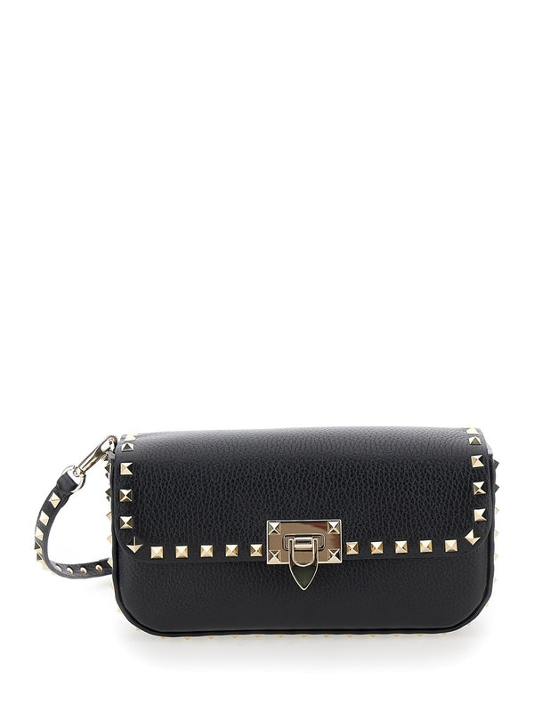 'Rockstud' Black Crossbody Bag in Grained Leather Woman Crossbody & Shoulder Bags