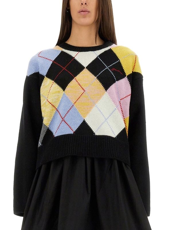 Harlequin Check Pattern Crop Knit