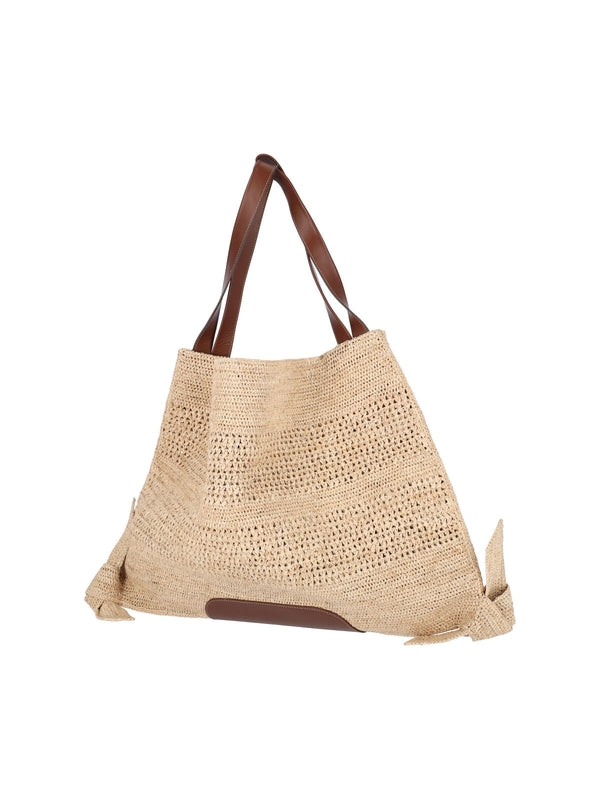 Leather Top Handle Raffia Tote Bag