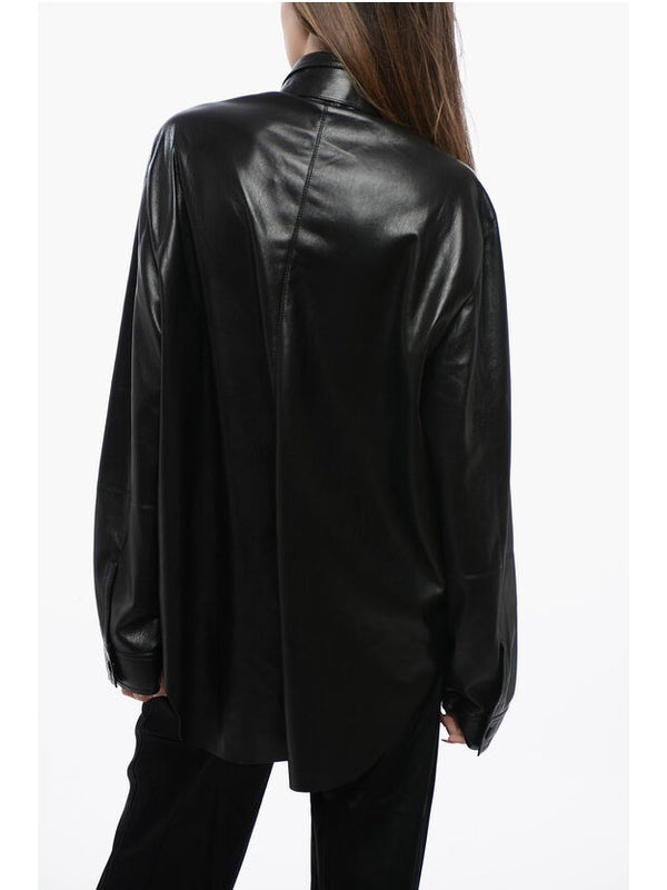 Tie-neck Faux Leather Shirt