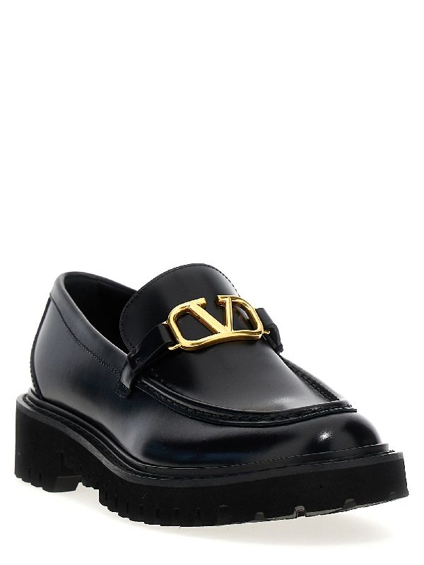 V Logo Embellished Leather Loafers