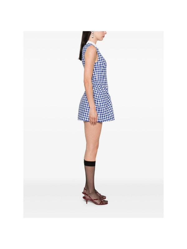 Gingham Check Pattern Wool Linen Mini Dress