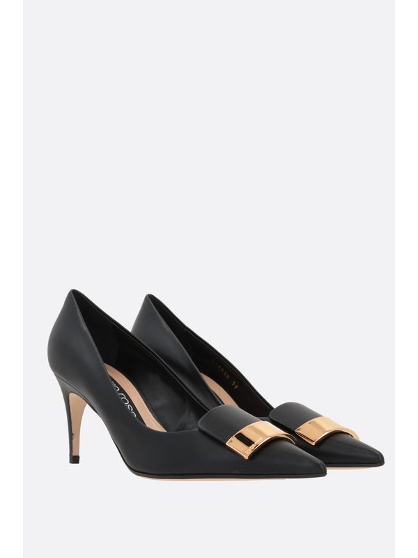 Point Toe Metal Detail Leather Pumps Heel