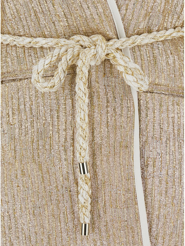 'Twinkle' Beige Coat with V-Neck on the Front and Adjustable Waist Belt in Lurex Woman Coats