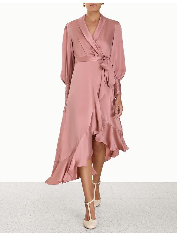 Belted Wrap Silk Midi Dress