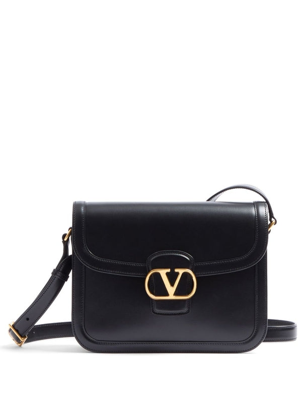 V Logo Accent Flap Leather Crossbody Bag