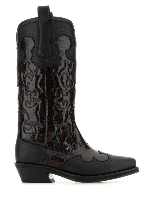 Western Detail Leather Middle Boots