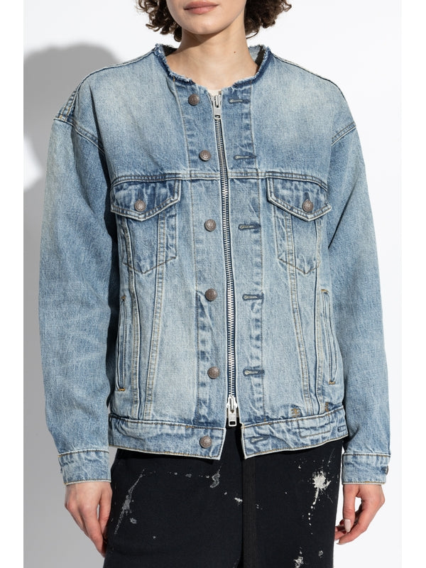 Vintage Effect Crewneck Denim Jacket