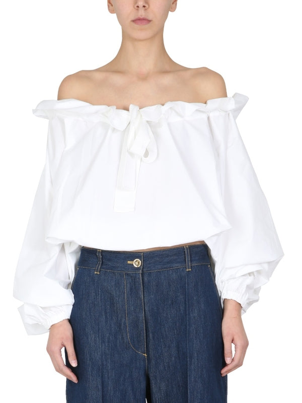 Drawstring Off-Shoulder Cotton Blouse