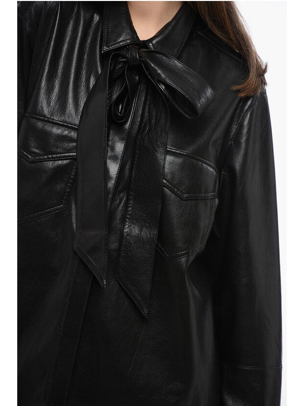 Tie-neck Faux Leather Shirt