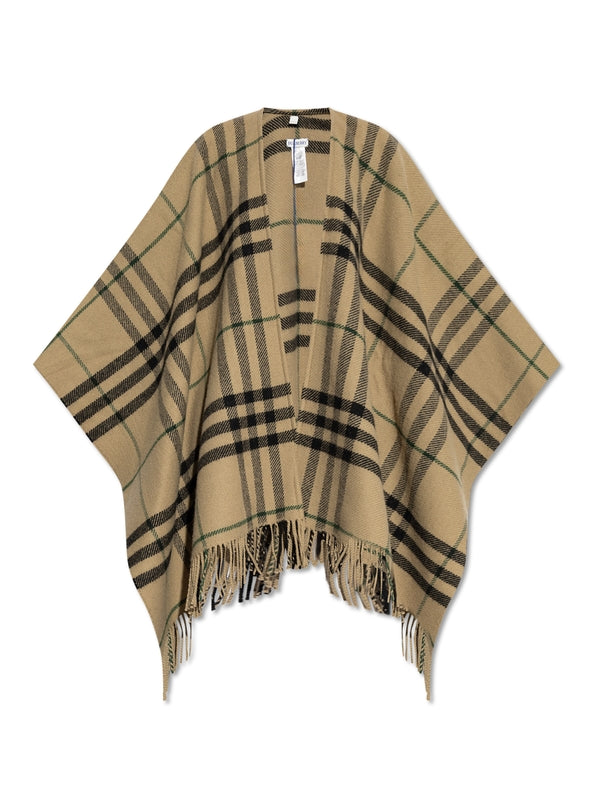 Check Fringe Wool Cashmere Cape