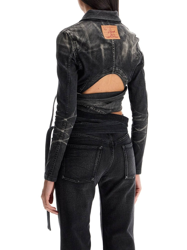 Logo Buckle Wrap Belt Crop Denim Jacket