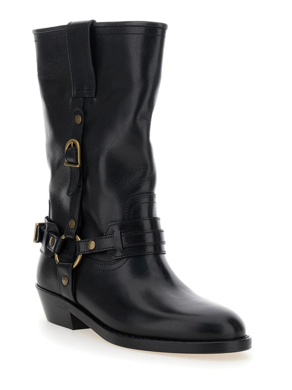 'Heiko' Black Ankle Boots with Studs and Ring in Leather Woman Ankle Boots