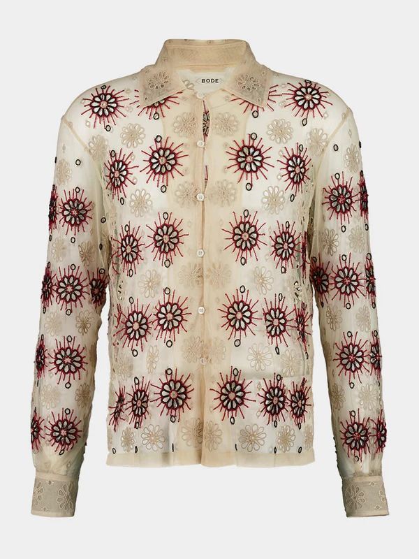 Flower Beads Embroidered Open Work Shirt