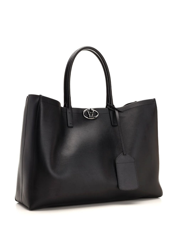 V Logo Leather Tote Bag