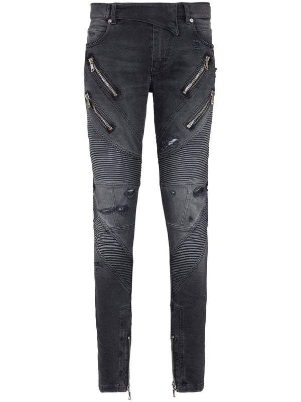 Zipper Detail Distressed Denim Pants