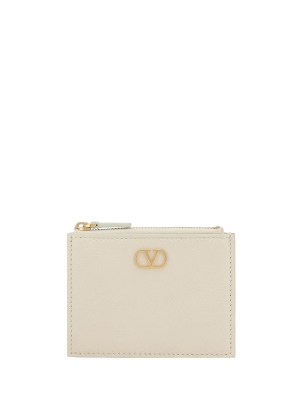 V Logo Leather Card Wallet