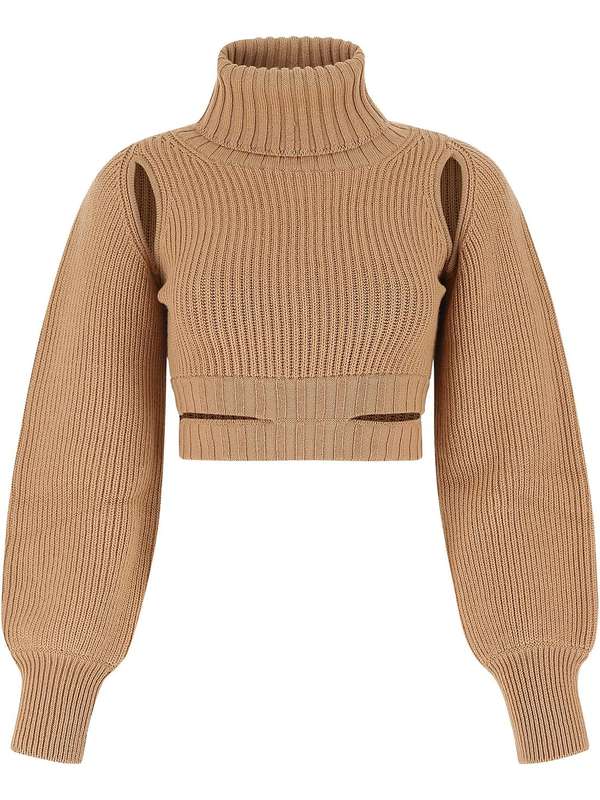 Cutout Detail Rib High Neck Knit Crop Top