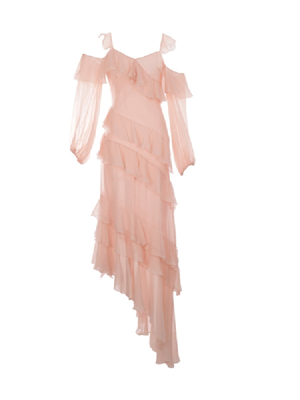 Asymmetric Ruffle Silk Dress