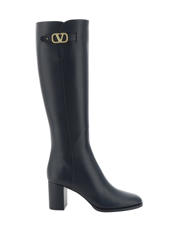 V Logo Leather High Boots Heel