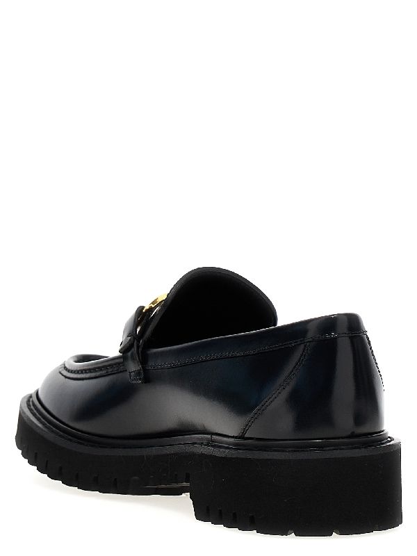 V Logo Embellished Leather Loafers