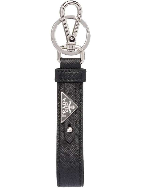 Triangle Logo Saffiano Leather Keychain