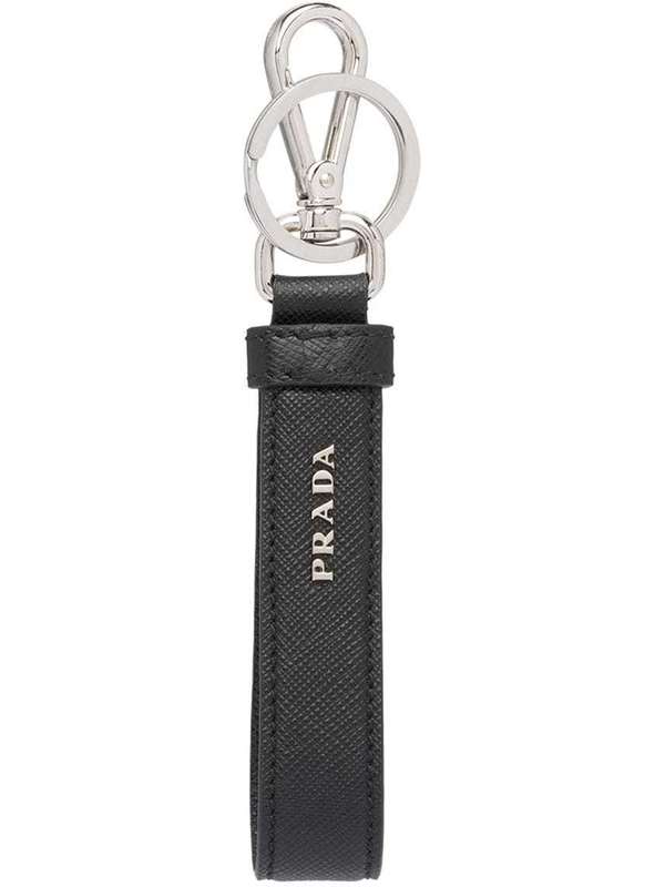 Triangle Logo Saffiano Leather Keychain